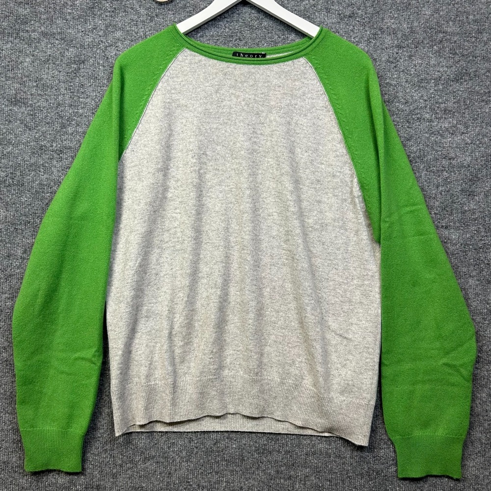Theory Cashmere Sweater Men's Gray Green Knit Raglan Long Sleeve Pullover - 2XL